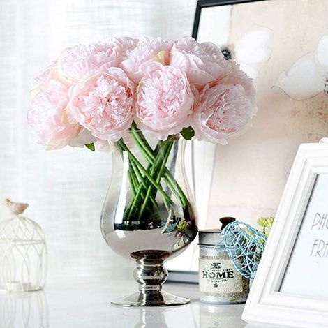 2 bouquets (rose clair) pivoines artificis, 10 fausses fleurs de pivoines en soie, pour la décoration de seuil de fenêtre d'hôtel de bureau à domicile de mariage, pas de vase (1/5)