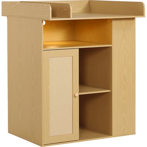 CAIziCommode à langer en bois, couleur naturelle, avec éclairage LED réglable (couleur et luminosité), grand espace de rangement et rangement latéral, espace à langer avec cloison