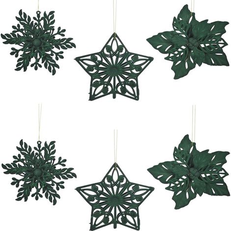 Set 6 Appendini Pendenti Albero di Natale in Velluto Verde Scuro 15 cm Decorazione Natalizia Assortite Stella Fiocco di Neve e Fiore Addobbi per Ghirlande case Allestimento vetrine eleganti e partico (1/5)