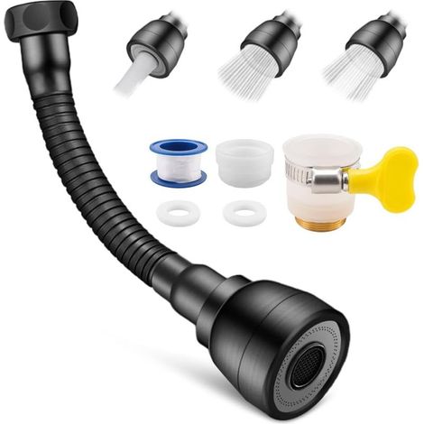 Rallonge Robinet Cuisine Noir Mat, 17,2 cm Extension de Robinet Flexible à 360°,con 3 Modalità,Rallonge de Robinet de Cuisine Universelle,Extension Robinet pour Salles de Bains,Balcon,Toilettes (1/5)