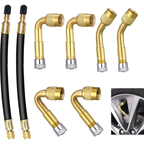 Lot de 8 Rallonge Extension Valve Pneu, Extension Valve Pneu Coudées à 45° 90° 135° et 2 Tubes Caoutchouc Flexible 180mm Adaptateurs de Valve en Laiton et Caoutchouc, pour Voiture Moto Vélo Camion
