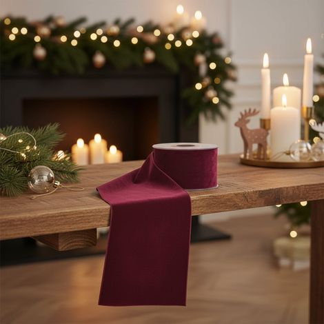 Nastro decorativo doppio velluto monocolore per decorazioni natalizie da 7 mt -Bordeaux / 63 mm (1/5)