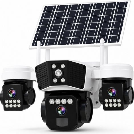 Caméra de surveillance solaire WiFi extérieure à 3 objectifs, vraie triple caméra PTZ, zoom 4x, vision nocturne infrarouge 10 m, audio bidirectionnel, alarme, IP66 étanche, batterie lithium intégrée, (1/4)