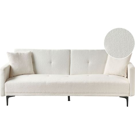 Divano letto moderno in tessuto bouclè bianco sporco a 3 posti con schienale con bottoni gambe nero Lucan