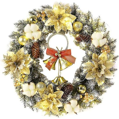 Handgefertigter Weihnachtskranz aus Kiefernnadeln, verziert mit Tannenzapfen und goldenen Akzenten, beleuchtet mit LEDs – perfekt