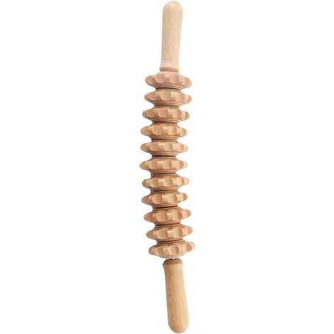 1 Rouleau de massage, bois naturel, poignée antidérapante, outil modelage corps, épaules, jambes, pieds