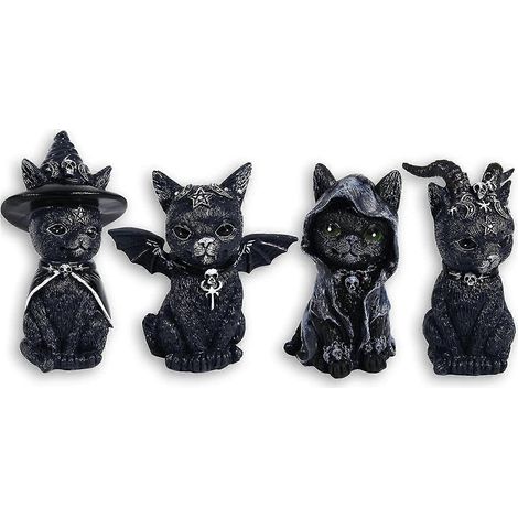 Lot de 4 nains de jardin chats noirs mignons, décorations d'Halloween en résine, ornements de bureau amusants. (1/5)