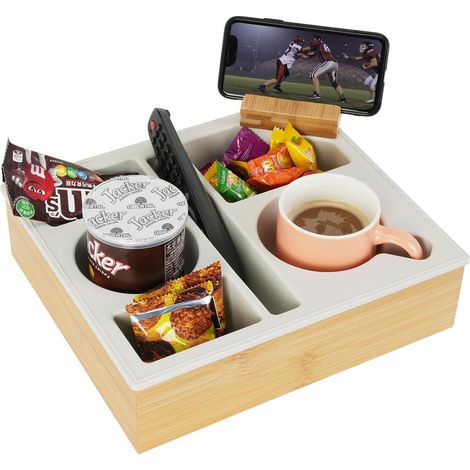 1 Plateau porte-gobelet, silicone souple, bois d'acacia, support rotatif 360°, pour canapé, lit, voiture (1/5)