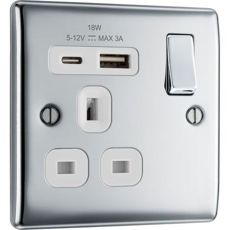 Prise murale à interrupteur unique avec ports de charge USB de type A et de type C, charge rapide, bords arrondis, métal, chrome poli, inserts blancs, 13 A (1/5)