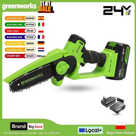 Greenworks Mini tronçonneuse 24 V 6 "moteur sans brosse petite scie à main sans fil avec batterie 4,0 Ah et chargeur outil-bas de tension