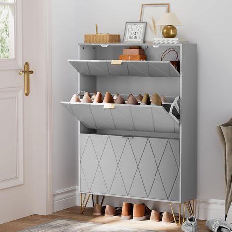 UEV Armoire à Chaussure Inclinable, Meuble à Chaussures pour 16 Paires, 3 Compartiments (2 Rangements Chaussure+1 Étagère Caché) (Gris, 80 x 24 x 120 cm)