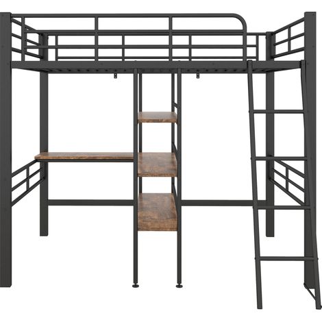Cama alta metálica negra 90 x 200 cm con escritorio, estantes y escalera (1/5)