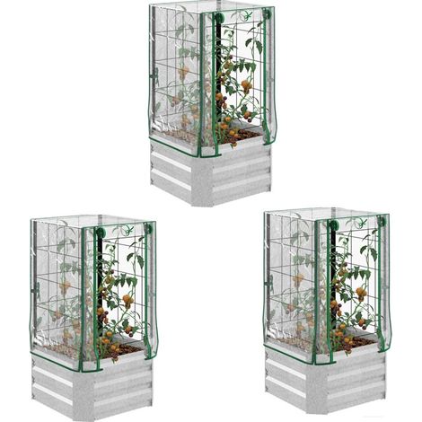 3er-Set hochbeet Set Pflanzkasten mit Kunststoffabdeckung und Rankgitter für Kletterpflanzen 53x53x90cm ideal für Garten und Balkon