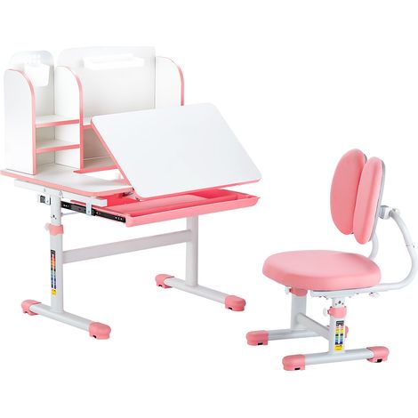 VEVOR Set Scrivania e Sedia da Studio per Bambini, Tavolo da Lavoro e Sedia per Bambini con Libreria e Cassetto, Inclinabile da 0 a 40° Regolabile in Altezza, per Camera da Letto e Studio, Rosa