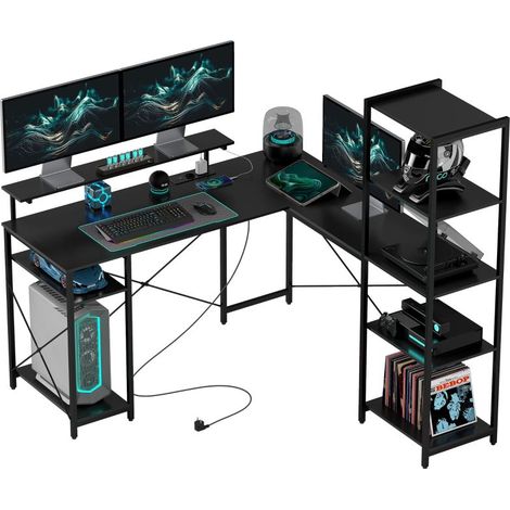 Bureau d'angle en L avec station de charge, support pour écran et étagères, idéal pour télétravail et bureau, noir (1/5)