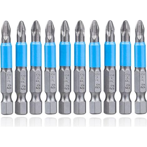 Set di 10 punte per cacciavite a percussione antiscivolo da 50 mm, punta per cacciavite a croce magnetica PH2, set di punte con gambo esagonale per trapani e cacciaviti elettrici (1/4)