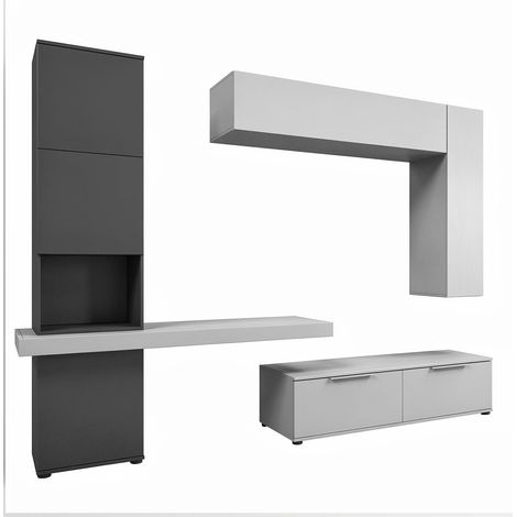 Parete Attrezzata Soggiorno Con Colonna 2 Cestoni 2 Pensili E Mensola Mobile TV Design Contemporaneo Salvaspazio Living  207.2 x 280 x 49.6 Cm Colore Grigio Chiaro E Grafite