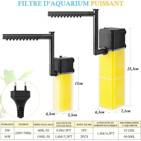 Filtre Interne pour Aquarium avec Pompe Silencieuse et Rampe d'Aspersion Réglable, Filtration Biochimique pour Aquarium, Étang et Fontaine, Adapté aux Petits Aquariums et Crevettes