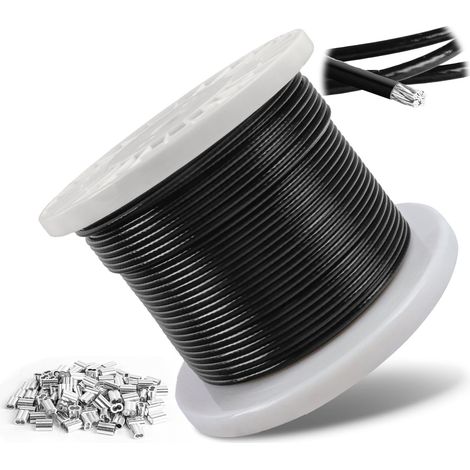 100m Câble métallique, 4mm Câble en acier inoxydable 304 avec Revêtement Noir, âme de 7×7 brins avec 100 manchons de ser, corde à linge, pour plantes grimpantes, clôture, lumières, suspension (1/5)
