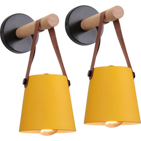 Lot de 2 Applique murale en bois naturel abat-jour suspendu ceinture e27 douille luminaire pour couloir chambre à coucher salon, jaune foncé (sans ampoule) (1/5)