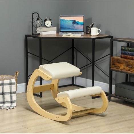 CHICFURN Sedia ergonomica inginocchiata 55 x 85 x 55 cm in legno bianco crema per home office (1/5)