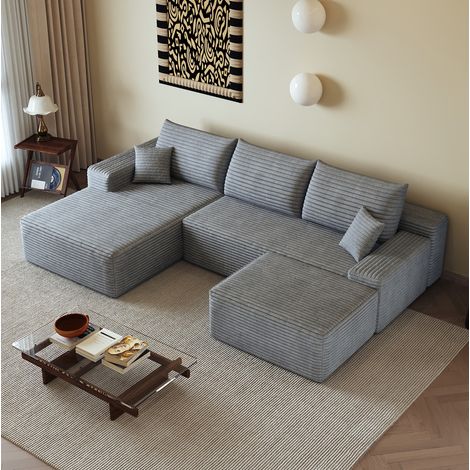 Divano angolare modulare 270 cm con chaise longue a L, rivestito in ciniglia grigia, OKWISH (1/5)