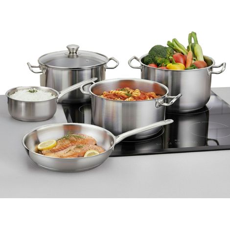 Geschirrset MagicHome Chloe, Pfanne 24 cm, 3x Kochtopf (3l, 4l und 6,6 l), Stielkasserolle 2l, mit Glasdeckel, Edelstahl, 9-teilig (1/5)