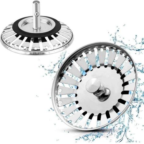 Bouchons d'évier de cuisine en acier inoxydable (lot de 2) : bouchon, crépine et filtre de vidange avec embout sphérique (84 mm de diamètre). (1/4)