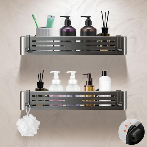 Lot de 2 - Étagère Douche - Organisateur Salle de Bain - Fixation Ventouse Sans Perçage - Aluminium Inoxydable Résistant 10kg - Pour Carrelage Verre PVC - Gris Gunmetal - 32x13x6,6cm (1/5)