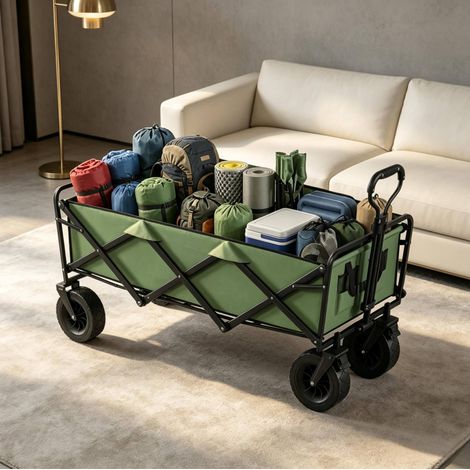 Chariot de jardin pliable 130 L avec roues, freins et poignée réglable OKMYHOME (1/5)