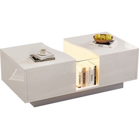 Mesa de centro LED blanca brillante con 2 cajones, 100 x 50 x 35 cm, MDF y acrílico (1/5)