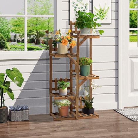 Étagère à fleurs 5 tablettes avec barrières, bois de sapin carbonisé 60×30×130 cm, support décoratif pour pots, intérieur, terrasse