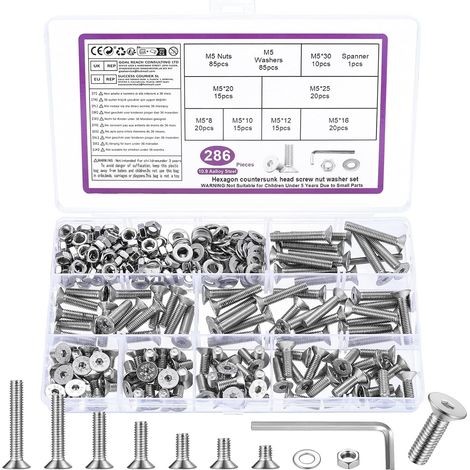 286 Pcs Vis M5 et écrous,Vis à Tête Fraisée Boulons et écrous Set (1/5)