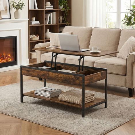 Table de Café avec Plateau Relevable, Rangement Caché et Ouvert, Meuble de Salon, 100 x 50 cm, Marron Rustique et Noir