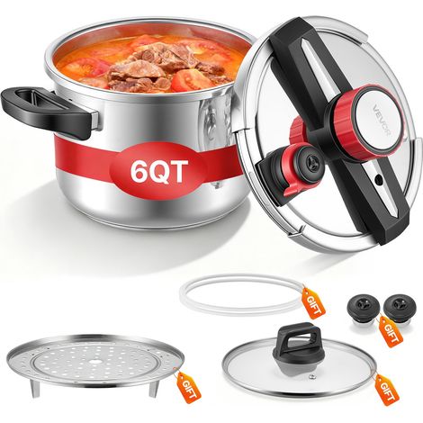 Autocuiseur 6 L, Casserole Pression en Acier Inox avec Panier Cuisson et Couvercle en Verre Trempé, 3 Niveaux de Pression jusqu'à 100 kPa, pour Viande Riz Soupes Sauces, Compatible Tous Feux (1/5)