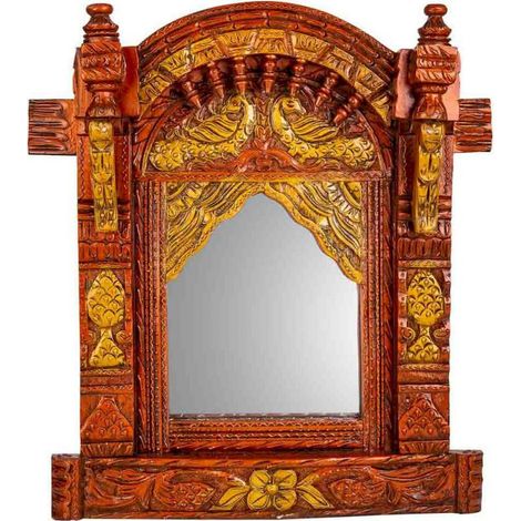 miroir mural en bois de manguier sculpté coloris antique - marron doré sculpté artisanal (1/5)