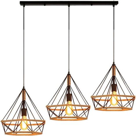 Suspension style industriel vintage en forme de diamant, lustre avec abat-jour en corde de chanvre, 3 douilles métalliques à monter soi-même, noir (1/4)
