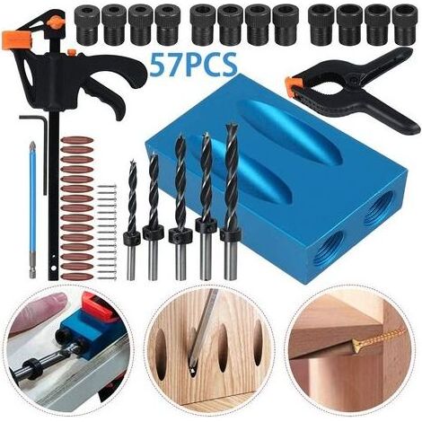 Gabarit de trou de poche set 57pcs, 15° Gabarit de percage oblique localisateur de trou oblique avec adaptateur pour trou de 6/8/ 10mm, Pour guide de menuiserie outil de localisation (1/4)