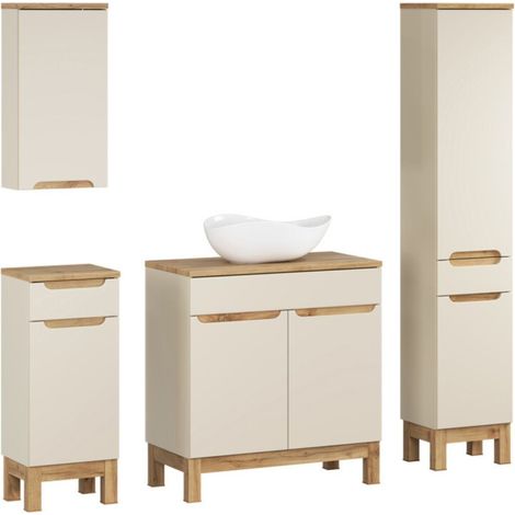 Set ERMANO cashmere e effetto quercia 150cm: mobile sottolavabo + lavabo da appoggio + mobili sospesi e da appoggio