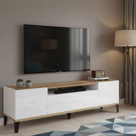 TV-Schrank Ivan, niedriges Wohnzimmer-Sideboard mit 2 Türen, Fernsehständer-Basis, 100 % Made in Italy, 160 x 40 x 47 cm, glänzendes Weiß und Ahorn, (1/5)