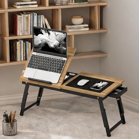 Table de lit portable en bambou avec plateau inclinable et tiroir (1/5)