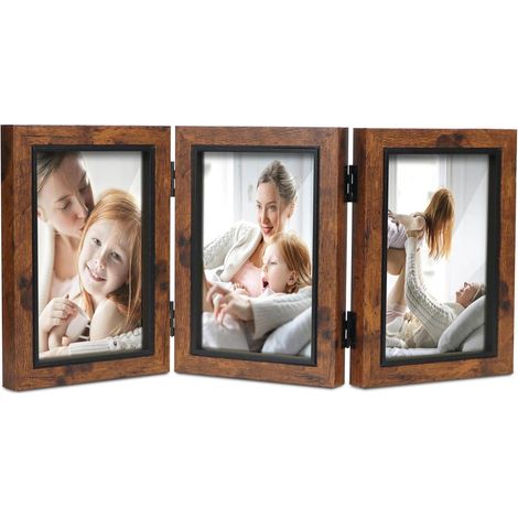 Cadre photo triple pliable marron 10x15cm bois MDF verre véritable pour bureau (1/5)