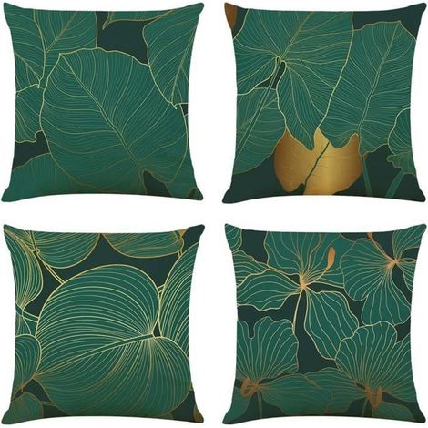 Filiyano – oreiller en lin QQ – Lot de 4 taies d'oreiller en lin QQ, motif jungle vert foncé, pour canapé et salon de jardin. (1/4)