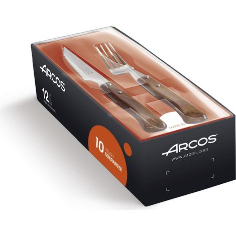 Lot de 12 Couverts de Table - Set de 6 Couteaux à Steak et 6 Fourchettes en Bois de Hêtre et Acier Inoxydable - Coffret pour Viande - Série Table - Couleur Marron (1/5)