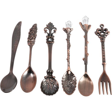Lot de 6 cuillères à café et fourchette en laiton rouge vintage, accessoires de table en métal mini pour cuisine.