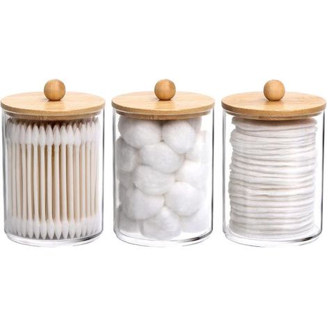 Lot de 3 bocaux de rangement transparents - Avec couvercle en bois - Pour cotons et cotons-tiges - Organisateur de salle de bain - Empilables et anti-poussière (1/5)