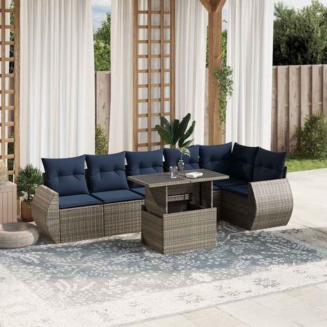 7-teiliges Gartensofa-Set mit Kissen, grau, Polyrattan (1/5)