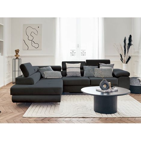 Bestmobilier – Canapé d'angle gauche 5 places convertible – Avec coffre de rangement – Têtières réglables – Revêtement velours 100% polyester (1/5)