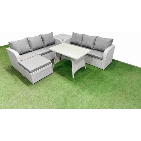 Fimous Patio Dining Table & Chairs Set Rattan High Back Lounge Sofa Set with 3 Seater Sofa Side Table Big Stool Light Grey (1/4)