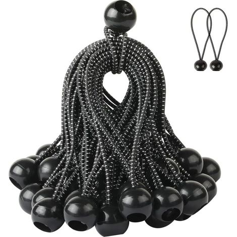 Tendeurs élastiques, 50 tendeurs élastiques avec boule pour bâches, tentes, voiles d'ombrage, 200 mm (noir à pois blancs) (1/5)